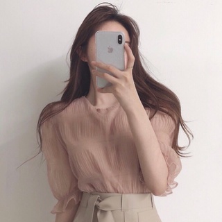 เสื้อยืด เสื้อคอกลม เสื้อชีฟอง เสื้อสีชมพู แขน 3 ส่วน