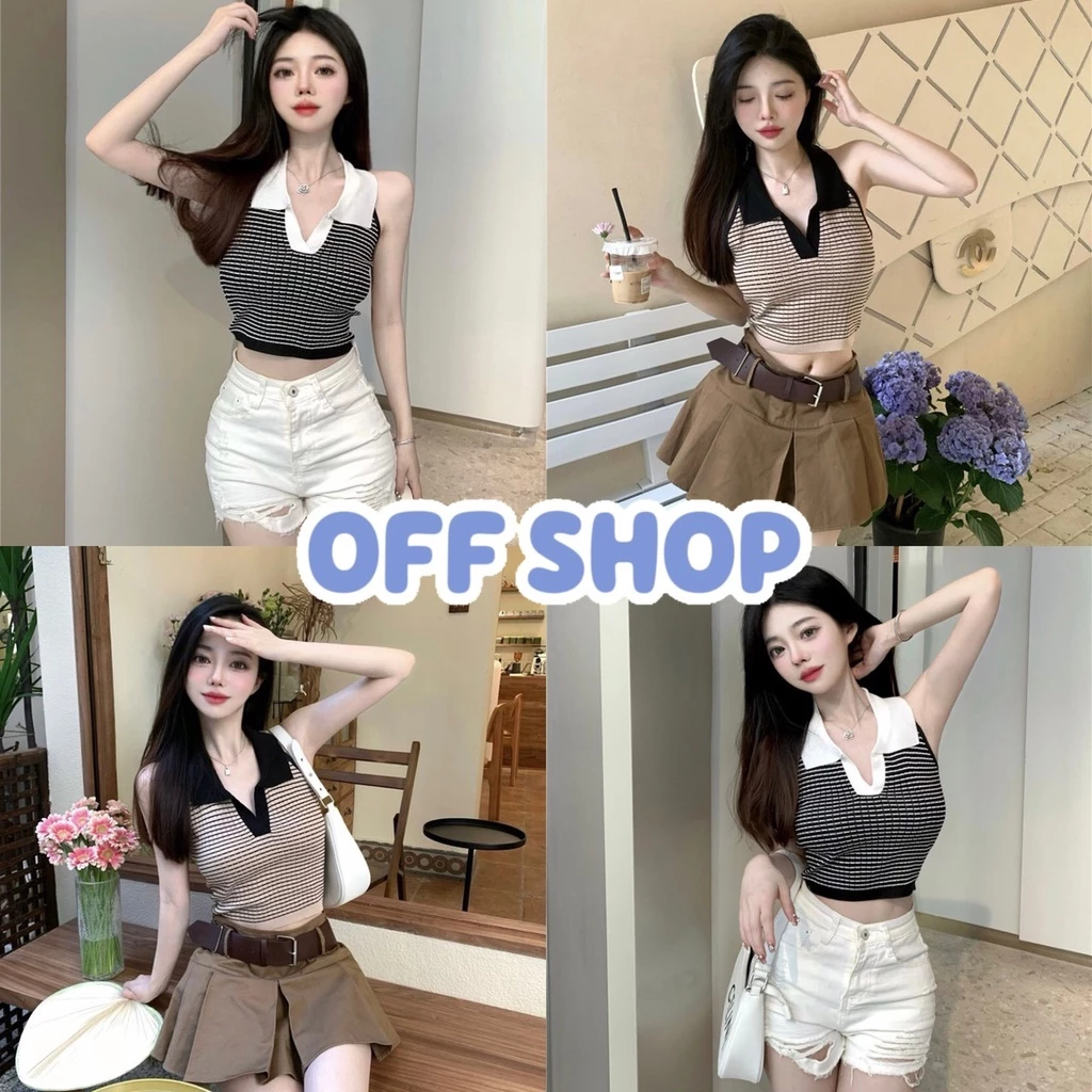 OFF SHOP 🥻 เสื้อครอปคล้องคอไหมพรม คอปก ดีเทลลายทางน่ารักมาก (0236)-C