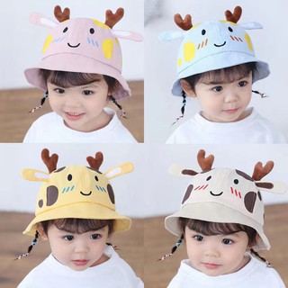 Babyonline(Y064)C5 หมวกทรงบักเก็ตปักลายและพิมพ์ลายรูปสัตว์แต่งหู มีสายรัดคาง