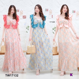 🎀💗เดรสเที่ยว Maxi Dress แม็กซี่เดรสไหล่ระบาย ผ้าชีฟองยาว พิมลายสวย มีซับด้านใน ด้านหลังแต่งผูกโบว์