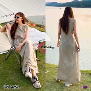 TW14252 Maxi Dress เดรสยาว แขนกุด ช่วงเอวเว้าหน้า เอวดึงยางสม็อกยืดได้เยอะ มีกระเป๋าข้างสองข้าง เนื้อผ้าลินินอย่างดี