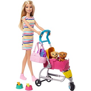 Barbie Stroll ‘n Play Pups ตุ๊กตาบาร์บี้ พร้อมสัตว์เลี้ยง ลูกสุนัข 2 ตัว และรถเข็น รุ่น GHV92