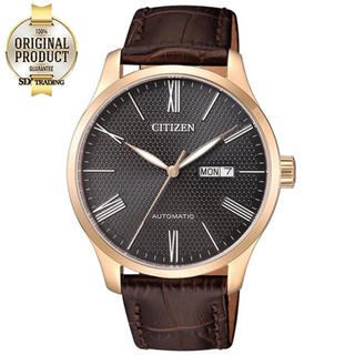 CITIZEN Mens Automatic Day-Date Watch รุ่น NH8353-00H - PinkGold/Gray สายหนัง Brown ตัวเลขโรมัน