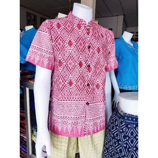 เสื้อผ้าฝ้ายซินมัยแขนสั้นสีชมพู เสื้อพื้นเมืองผู้ชาย M-2xl
