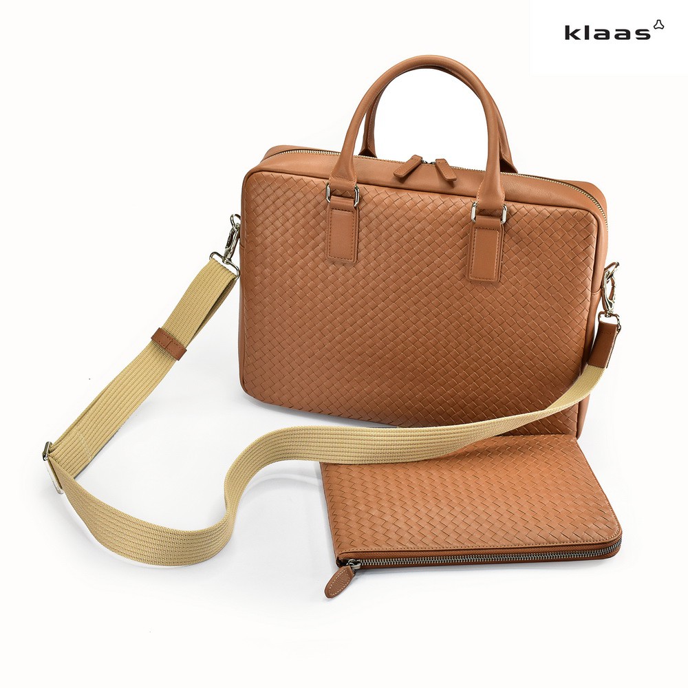02-367 laptop bag intrecciato กระเป๋าเอกสารสานหนังแท้ กระเป๋าผู้ชายสานหนังแท้ กระเป๋าใส่คอมสานหนังแท้ แบรนด์ klaas