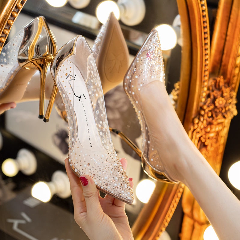 Banquet shoes 2022 new pointed toe high-heeled wedding shoes bow transparent stiletto sexy high-heeled shoe