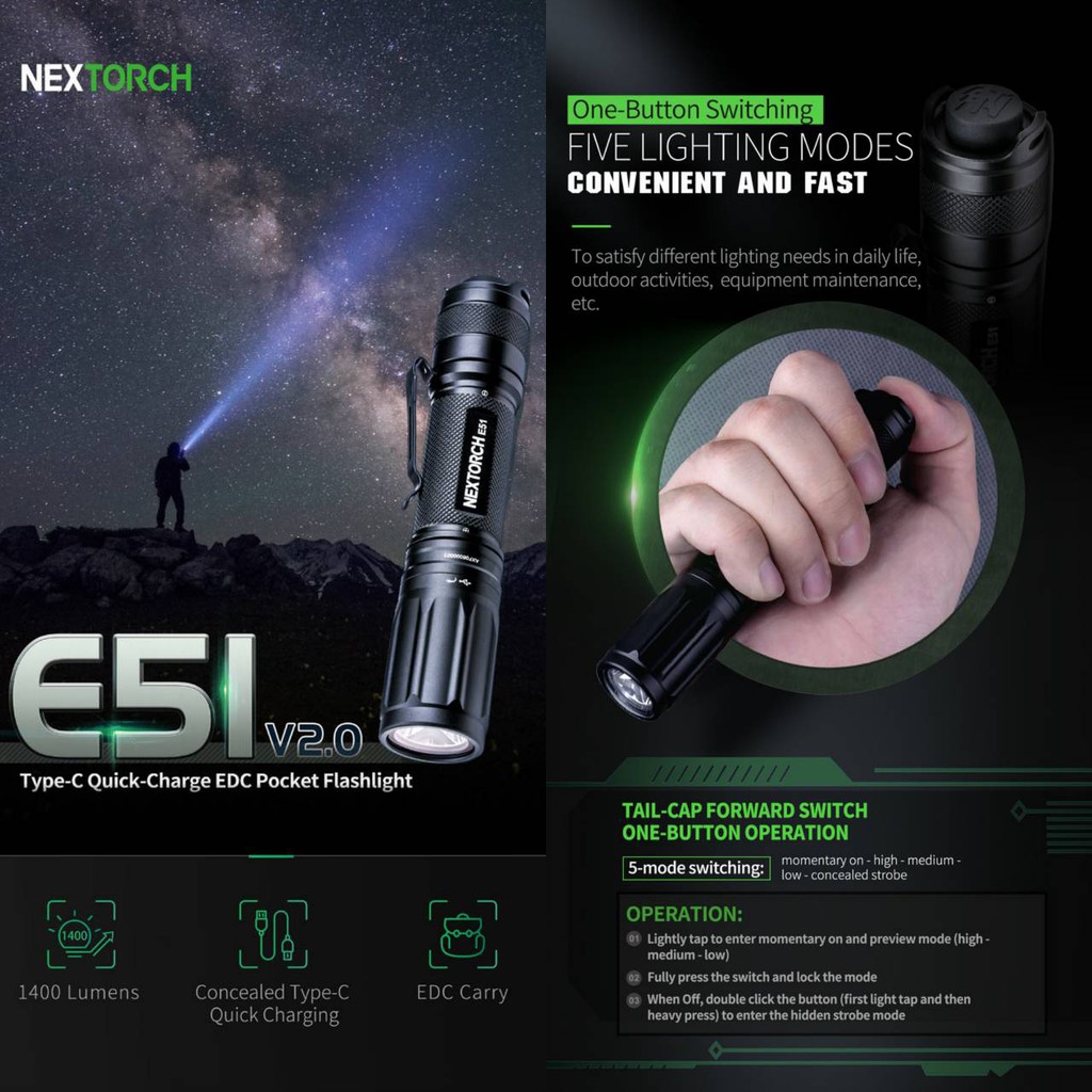 ไฟฉาย Nextorch E51 V2.0 OSRAM P9 1400LM EDC แถมแบตเตอรี่ ชาร์จ USB-C ในตัว Upgraded Version