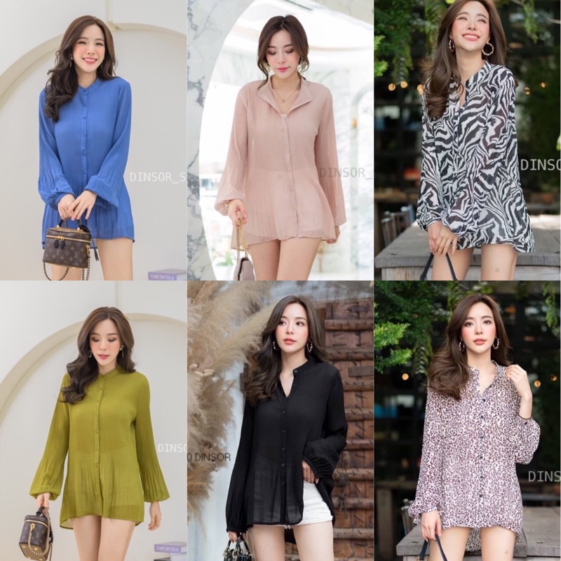 เสื้อเชิ้ต​คอกลม​ แขนยาว​ ผ้าอัดพลีท​​ เล่นระดับ​ มินิเดรสสั้น ผ้าขีฟอง