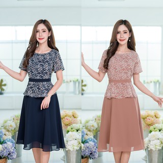 เดรสยาว Chiffon dress สีกรม สีคาราเมล ผ้าพิมพ์ลาย ชุดสุภาพ ซับใน ซิปหลัง ไซส์ M L XL XXL เดรสผู้หญิง เดรสเกาหลี ออกงาน