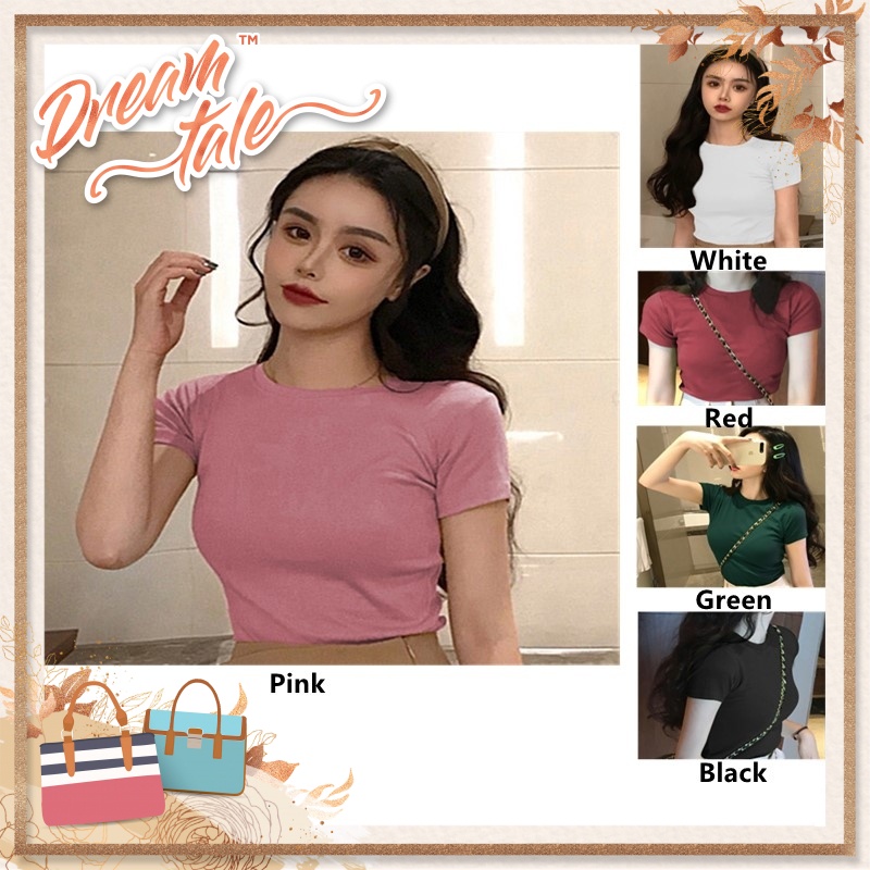 Dreamtale ผู้หญิงแฟชั่นสีทึบแขนสั้นเสื้อยืดกระชับรอบคอ Casual Tshirt Basic สวมใส่ผู้หญิง Top WCO024