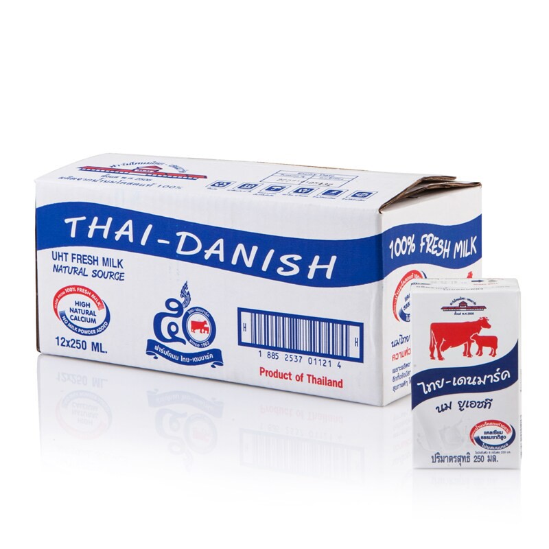 นม UHT 250 มล. รสจืด (แพ็ค12กล่อง) ไทย-เดนมาร์ค 250ml UHT milk plain flavor (pack of 12 boxes) Thai-Danish