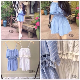 พร้อมส่ง วันพรุ่งนี้  :::lovely spaghetti straps shirts jumpsuit::: ชุดจั๊มสูทขาสั้น สายสามารถปรับสั