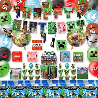 Minecraft Pixel Game Theme Happy Birthday Party Decorations Set Cake Topper Sequin Latex Balloons Banner Party Needs Party Suppl Banners