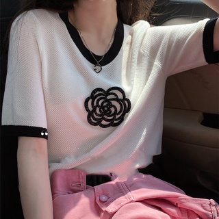 Camellia เสื้อถัก คอกลม แขนสั้น ปักลายดอกคามิเลีย แบบเข้ารูป ลําลอง แฟชั่นฤดูร้อน สําหรับผู้หญิง