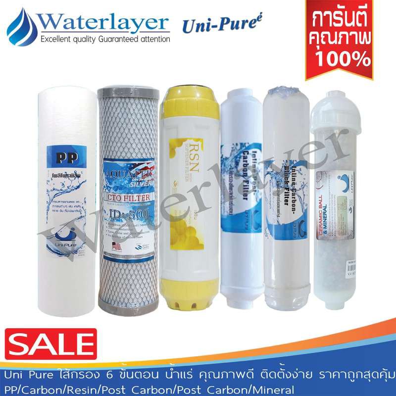 Uni pure ไส้กรองน้ำแร่ 6ขั้นตอน น้ำแร่ PP/Carbon/Resin/Post carbon/Post carbon/Mineral คณภาพดี กรองออกมาได้เป็นน้ำแร่
