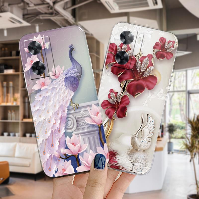 เคสโทรศัพท์ ออปโป้ OPPO A57 4G（2022） TPU ฝาครอบกันกระแทกซิลิโคนนุ่มใส ดอกไม้และนกยูง 28