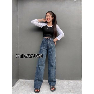 [Code:L9E6B ลด25.-] OnTheWay 👖 [พร้อมส่ง] กางเกงยีนส์ขาวยาวเป๋าแปะกระบอกกระดุม 2เม็ด