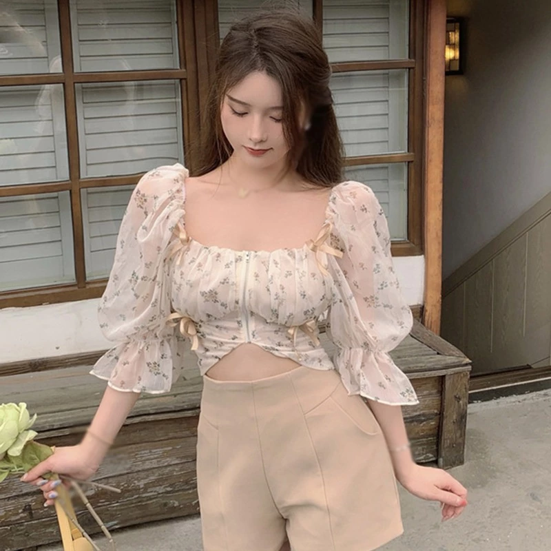 เสื้อครอปเชิ้ตแขนพอง ผ้าชีฟองลายดอกไม้ สไตล์เกาหลี thumbnail 7
