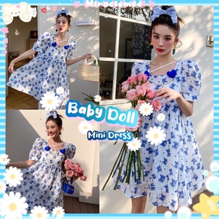 Baby Doll mini Dress พร้อมส่ง เดรสสีขาว ลายโบว์สีน้ำเงิน คอเหลี่ยม แขนตุ๊กตา น้องน่ารักมาก เดรสกระโปรง งานป้าย