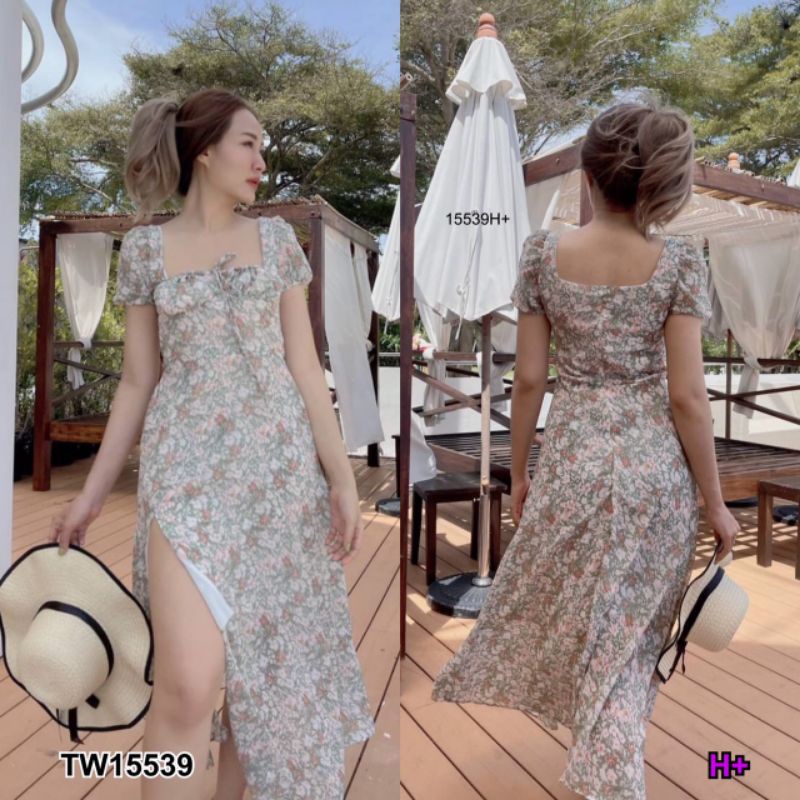 เดรสยาว ลายดอก คอกว้าง แขนตุ๊กตา กระโปรงผ่าหน้า ผ้าชีฟองพริ้วสวย เสื้อผ้าแฟชั่น ชุดเที่ยว ชุดไปทะเล 