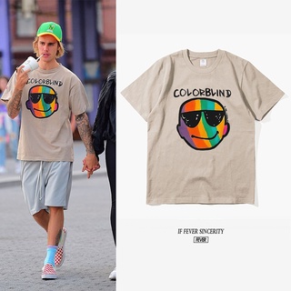 เสื้อยืดแขนสั้นลําลอง ทรงหลวม ลาย Justin Bieber สีรุ้ง แฟชั่นฤดูร้อน สไตล์ยุโรป และอเมริกา