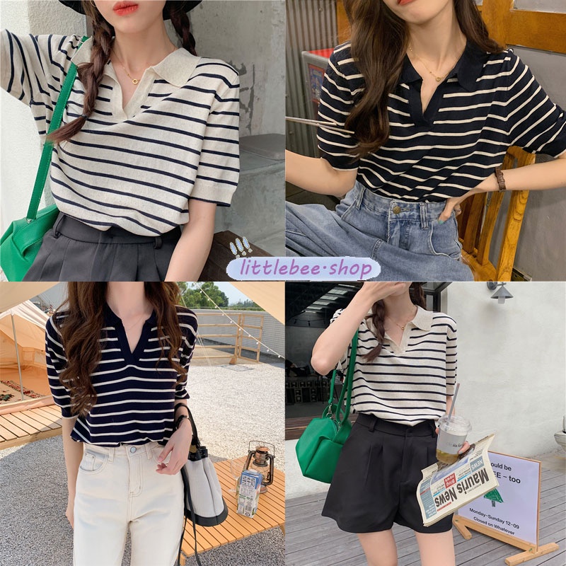 littlebee 81018 พร้อมส่ง เสื้อโปโล เสื้อยืดลาย แขนสั้นผ้าไหมน้ำแข็ง เสื้อไหมพรมคอปกลายริ้วOver Size เกาหลี