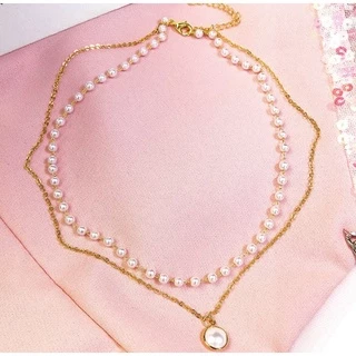 พร้อมส่ง เครื่องประดับแฟชั่น สร้อยไข่มุก จี้ไข่มุก สร้อยคอ 2 ชั้น ผู้หญิงเกาหลี