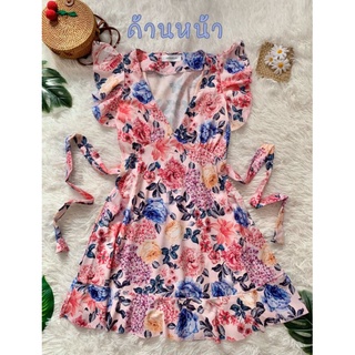 👗**มือสอง**  เดรสลายดอก แขนกุด เอวสม๊อค ผ้าชีฟอง