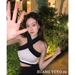 Huang YOYO.vn เสื้อสายเดี่ยว แขนกุด ผ้าถัก สีดํา และสีขาว สไตล์เกาหลี สําหรับผู้หญิง