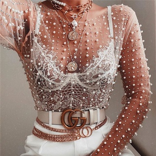 Yimunancy เสื้อแขนยาว ผ้าตาข่าย ประดับมุก สีโปร่งใส แฟชั่นฤดูใบไม้ผลิ สําหรับผู้หญิง 2022