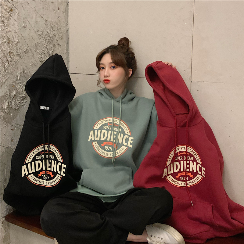 เกาหลี อินเทรนด์ที่สุด ลายตัวอักษ เสื้อฮู้ด เสื้อฮู้ดวินเทจ บวกกำมะหยี่ หนา เสื้อคลุมมีฮู้ด