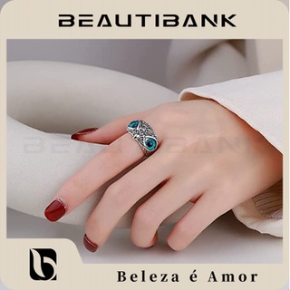 Beautibank แหวนเปิด รูปนกฮูก ประดับหินสีฟ้า ปรับได้ เครื่องประดับ สําหรับผู้หญิง และผู้ชาย