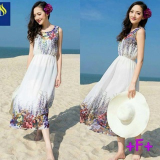 ราคา 310 บาท  Maxi Dress เดรสดอกไม้สีสันสดใส ลายสวยคมชัด แมกซี่เดรสตัวยาวแขนกุด เนื้อผ้าชีฟองพิมพ์ลา