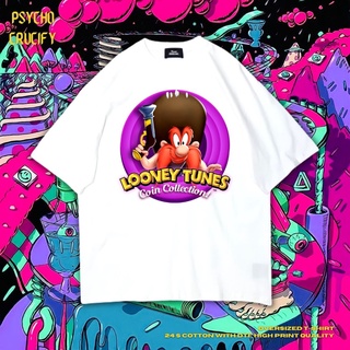 Psycho Crucify "Looney Tunes Coin Collection!" เสื้อยืด ขนาดใหญ่ | สีขาว | เสื้อยืด พิมพ์ลาย Looney Tunes Coin Collectio