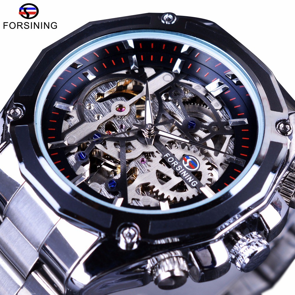 Forsining Men Mechanical Watch Steel Automatic Skeleton