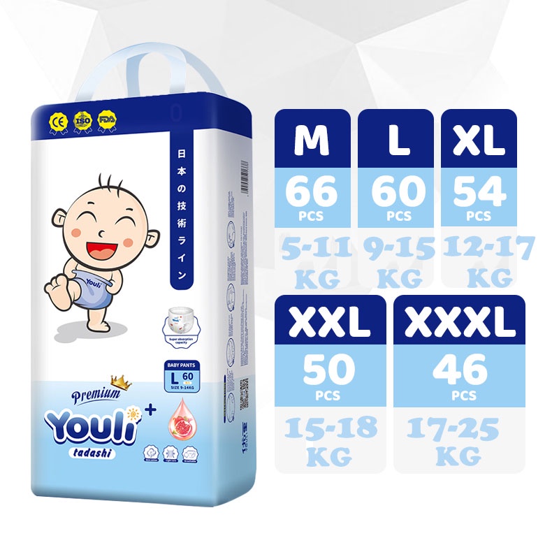 【จัดส่งจากกรุงเทพ】แพมเพิส Premium YOULI Baby Pants ผ้าอ้อมเด็กสําเร็จรูป แพมเพิสเด็ก