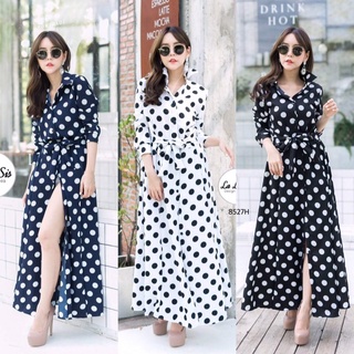 Maxi Dress แม็กซี่เดรสเชิ้ตแขนยาว ผ้าโฟร์เวย์ลายจุดเล็กทั้งตัวTT8527