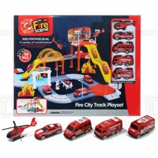 Fire City Track Playset ชุดของเล่นดับเพลิงชุดใหญ่  มาพร้อมรถดับเพลิง 4 แบบ และ เฮลิคอปเตอร์ 1 ลำ