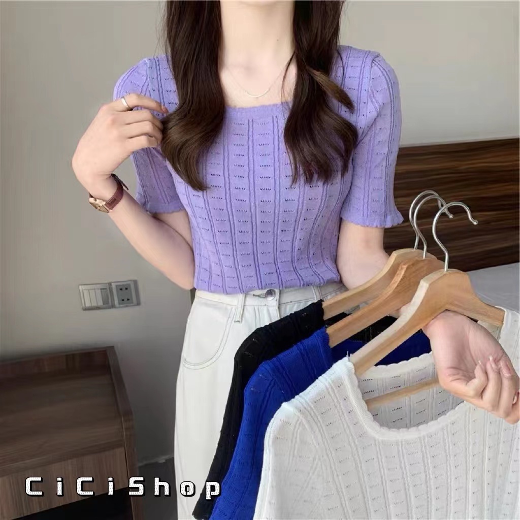 Cicishop(6396)เสื้อไหมพรมแขนสั้น แต่งระบายขอบนิดๆ ผ้าร่อง ใส่สบาย สวย สไลต์เกาหลีน่ารักไม่ไหว