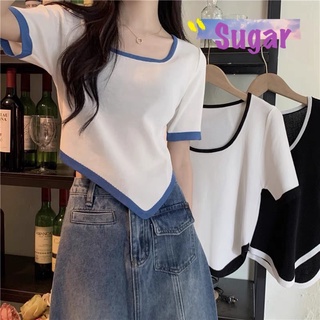 Sugar 🌈พร้อมส่ง🌈เสื้อยืด คอกลมแขนสั้น ผ้าไหมพรม ปลายเสื้อมีลูกเล่นน่ารัก(47152)