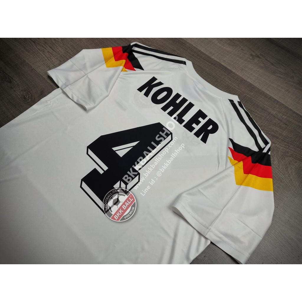 [Retro] - เสื้อฟุตบอล ย้อนยุค Germany Home เยอรมัน เหย้า ชุดแชมป์บอลโลก ปี 1990 พร้อมเบอร์ชื่อ 4 KOHLER