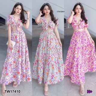 TW17410Set 2 ชิ้น เสื้อแขนพอง อกผูก ผ้าไหมอิตาลี่ลายดอกไม้ + กระโปรงยาว เอวยืดสม็อค ผ้าไหมอิตาลี่ พิมลายดอกไม้