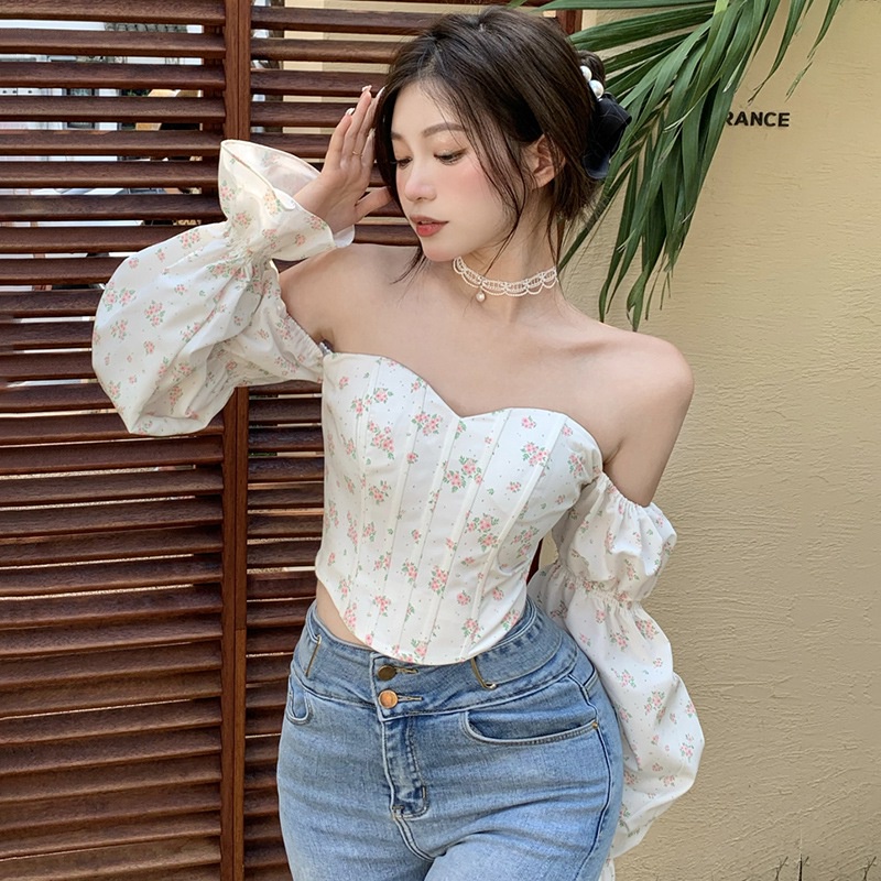 เสื้อเกาะอก เปิดไหล่ พร้อมบอกแขนทรงหลวม ลายดอกไม้ สไตล์เกาหลี สำหรับผู้หญิง