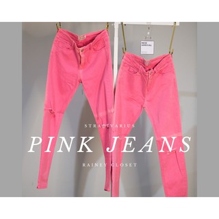 RAINEY CLOSET- Stradivarius chocky pink แต่งขาดตรงหัวเข่า กางเกงยีนส์เดนิม กางเกงยีนส์ skinny jeans