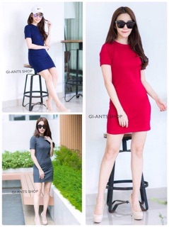 เดรสคอกลมแขนสั้นผ้าร่องไซส์มินิ