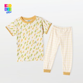 KiddeeCrew ชุดนอนครีมเหลืองหยดน้ำ+กางเกงตาราง Cream yellow pajamas + grid pants เหมาะสำหรับเด็ก 2-12 ปี