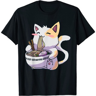 เสื้อยืด พิมพ์ลายการ์ตูนแมว Kawaii Ramen เหมาะกับของขวัญ สไตล์ญี่ปุ่น