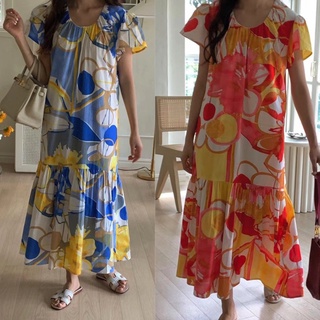 chawy พร้อมส่ง🍎🍌 🌏 Benly color dress C3178 เดรสยาวมินิมอล เดรสยาวลาย มี 2 สี ส้ม น้ำเงิน