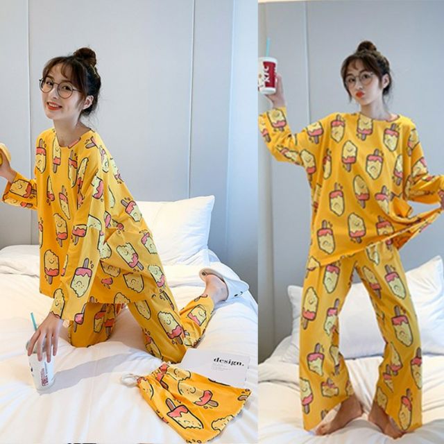 พร้อมส่งชุดนอนแขนยาวขายาว ชุดนอนลายการ์ตูน มีถุงผ้า Setเซตชุดนอน น่ารัก ...