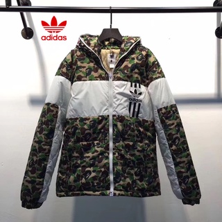 Adidas × Bape เสื้อแจ็กเก็ต มีฮู้ด กันลม พิมพ์ลายพราง ให้ความอบอุ่น ของแท้ 100% แฟชั่นคู่รัก สําหรับผู้ชาย